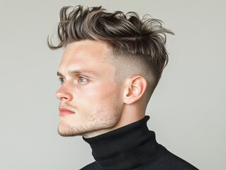 Obraz premium Discover the epitome of contemporary style with a well-styled man showcasing a neat haircut, captured in minimalist visuals that exude sophistication and modern elegance Explore the latest trends in