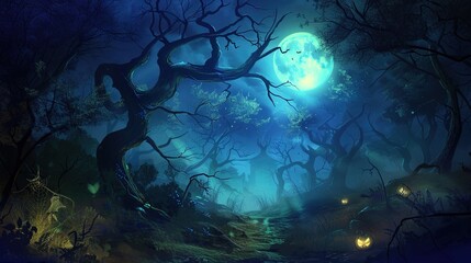 Enchanted Halloween Magic Forest at Night, Spooky Dark Woods with Glowing Pumpkins, Witchy Moonlit Scene, Mystical Background for Party Invitations, Digital Art