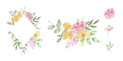 Frame with watercolor blush pink roses flowers and leaves bouquet