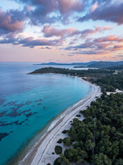 Aerial view of Glarokavos beach in Kassandra peninsula in Chalkidiki, Greece