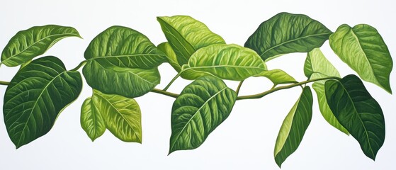 Fototapeta premium Green lush leaves on a branch with vibrant foliage showcasing natures beauty, botanical garden, plant life, eco-friendly decor, interior landscaping.