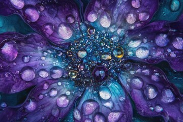 Close-up of a flower's petals covered in glistening water droplets, showcasing vibrant purple and teal hues.