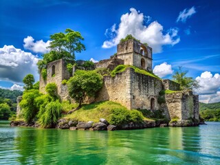 Naklejka premium Majestic Stone Fortress on Rio Dulce, Guatemala - Ancient Ruins & River Landscape