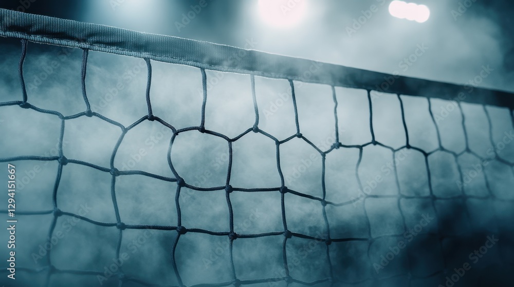 Poster a close-up of a sports net shrouded in mist, illuminated by dim lights, creating an atmospheric and 