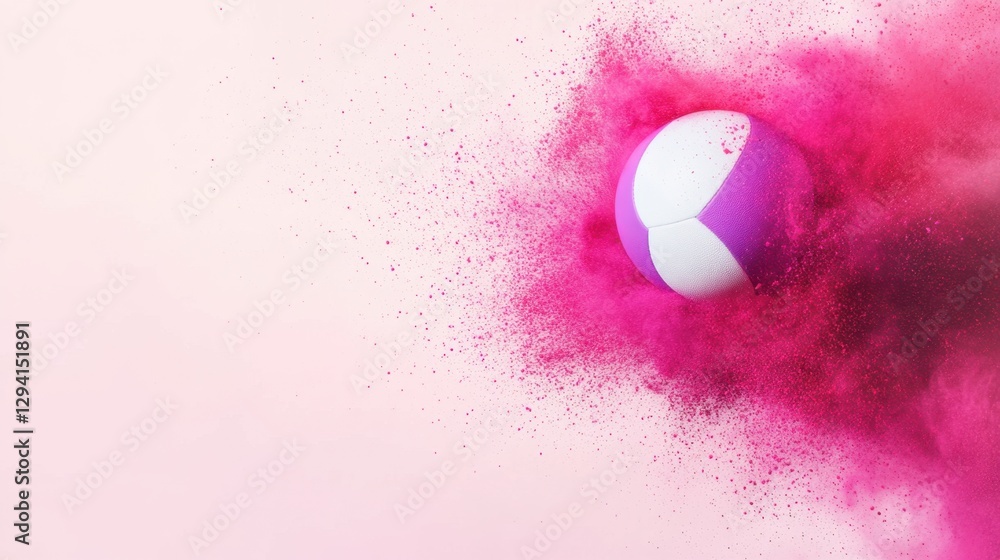 Poster a vibrant pink explosion surrounds a white ball, creating a dynamic and artistic visual effect on a 