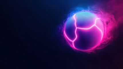 A glowing, neon soccer ball floats against a dark background, radiating vibrant blue and pink light effects.