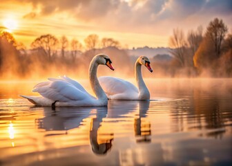 Naklejka premium Majestic Swan Couple Gracefully Floating on Serene Lake at Dawn - Documentary Style Photography