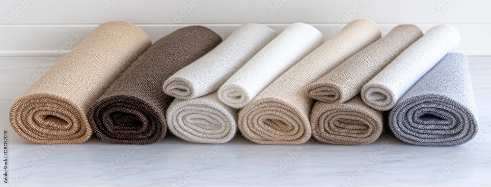 Poster collection of rolled fabrics in neutral tones displayed on a white backdrop, emphasizing soft textur