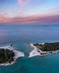 Aerial view of Glarokavos beach in Kassandra peninsula in Chalkidiki, Greece