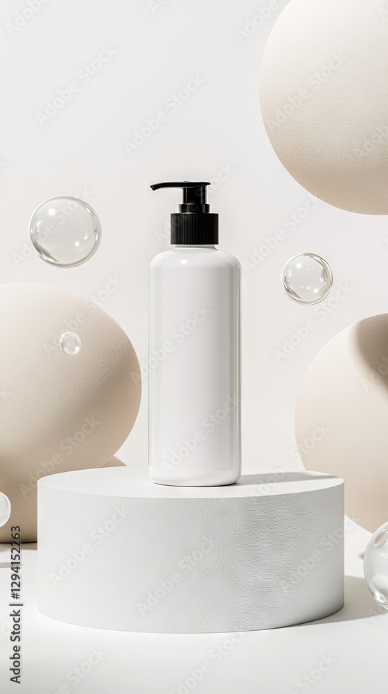 Poster an elegant showcase features a pristine white bottle set against a backdrop of soft, rounded spheres