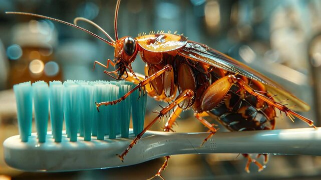 A close-up of a cockroach perched on a toothbrush, symbolizing health concerns and hygiene issues in urban environments.