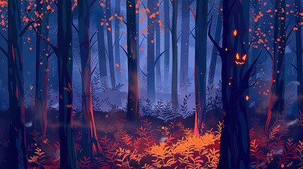 Enchanted Halloween Magic Forest at Night, Spooky Dark Woods with Glowing Pumpkins, Witchy Moonlit Scene, Mystical Background for Party Invitations, Digital Art