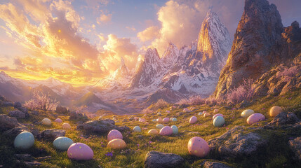 stunning Easter mountain view with pastel colored eggs and sunset