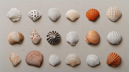 Collection of various seashells arranged neatly on a flat surface showcasing natural patterns and colors from different marine environments