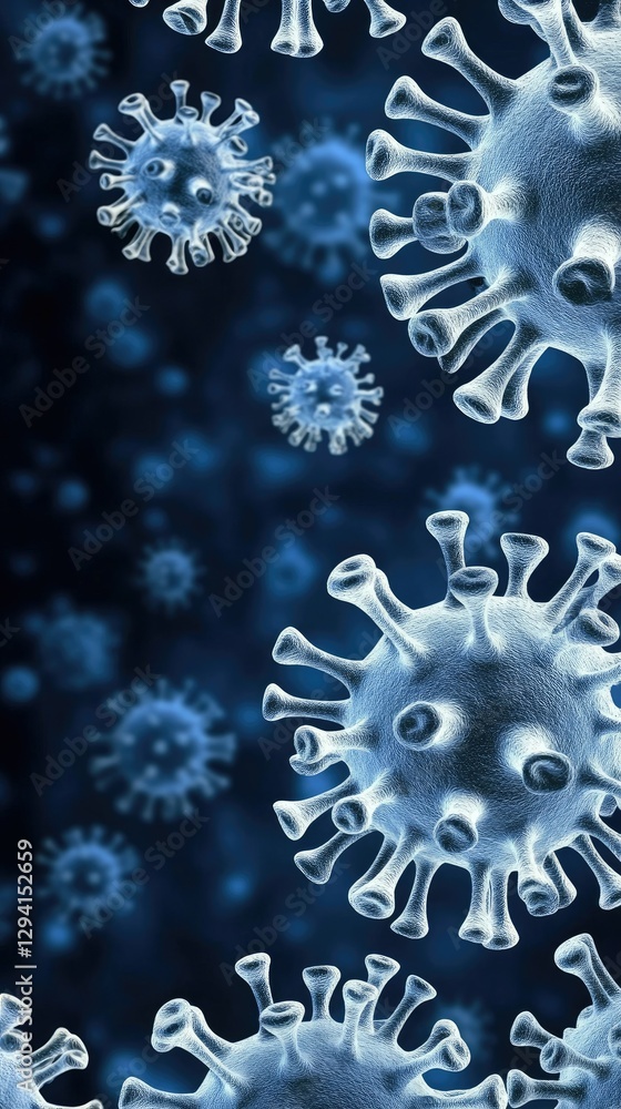 Poster detailed view of microscopic viruses depicted in blue tones illustrating their structure and complex