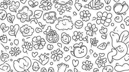 Cute doodle pattern of flowers, hearts, and animals. Use Background graphic design