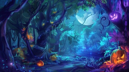Enchanted Halloween Magic Forest at Night, Spooky Dark Woods with Glowing Pumpkins, Witchy Moonlit Scene, Mystical Background for Party Invitations, Digital Art