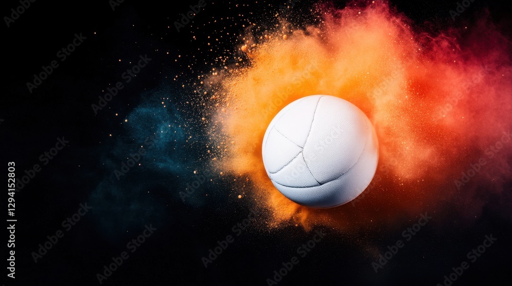 Poster a dynamic image of a white sports ball emerging from colorful smoke and dust, creating an energetic 