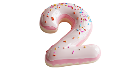 A pink number 2 covered with colorful sprinkles, perfect for birthday celebrations and festive events. This image is ideal for content related to parties, milestones, or special occasions.