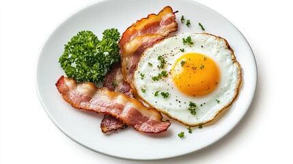 A delightful breakfast plate showcases perfectly crispy bacon, a sunny-side-up fried egg, and a sprinkle of fresh parsley, all set against a clean white background
