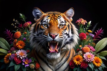 Majestic Tiger Roar with Vibrant Flowers, Dramatic Black Background Stock Photo