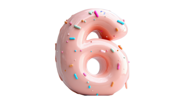 A pink number 6 decorated with colorful sprinkles, ideal for birthday celebrations or fun events. This image is perfect for parties, sweet treats, and milestone moments.
