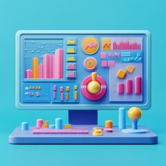 3D render of a blue desktop computer monitor with colorful pink and yellow data analytics dashboard interface, charts, graphs, and UI elements on a blue background