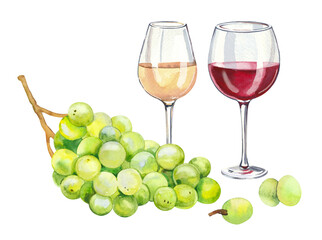 Watercolor hand painted wine glass and grapes fruit and leaves. Watercolor hand drawn DIY illustration isolated on white background, aromatherapy, essential oils, winery