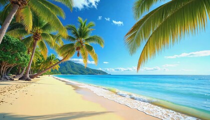 Serene tropical beach with palm trees and golden sand under a bright blue sky
