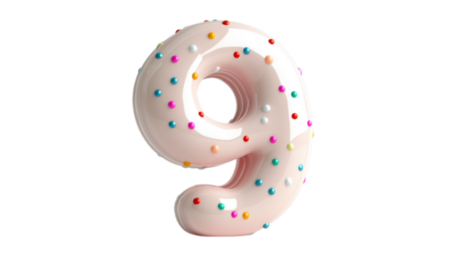 A pink number 9, covered with colorful sprinkles, perfect for birthday parties and festive celebrations. This image works well for milestone events and sweet treat themes.