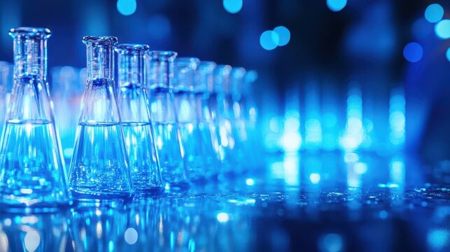 Science Laboratory: A mesmerizing array of lab beakers glimmers with blue fluids, illuminated by a cool, futuristic light, evoking the essence of scientific research and discovery.