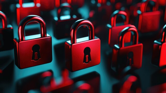A vibrant array of red locks conveys a sense of security and protection, emphasizing the importance of safeguarding information.