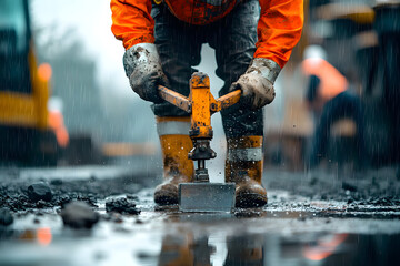 Construction Worker Using a Jackhammer on a Rainy Day