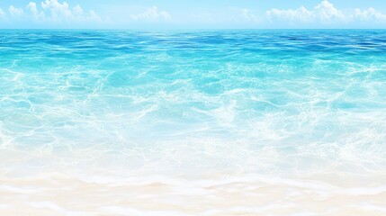 Obraz premium Endless Horizon: The serene expanse of the ocean meets a soft sandy shore under a vibrant blue sky filled with gentle clouds.