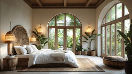 Elegant island villa bedroom with handcrafted bohemian details, high ceilings, and neutral decor, 3D rendering, 8K