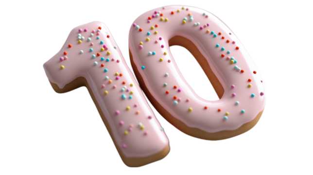 A pink number 10, decorated with colorful sprinkles, ideal for birthday celebrations, milestone moments, and festive events. This image is perfect for party themes and sweet treats.