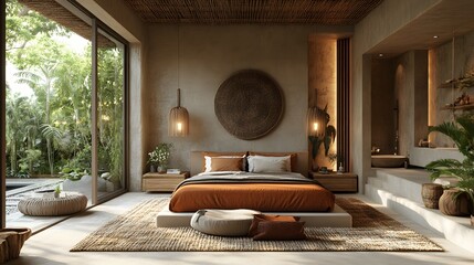Stylish resort bedroom with an open-air layout, earthy color scheme, and handcrafted decor, 3D rendering, 8K