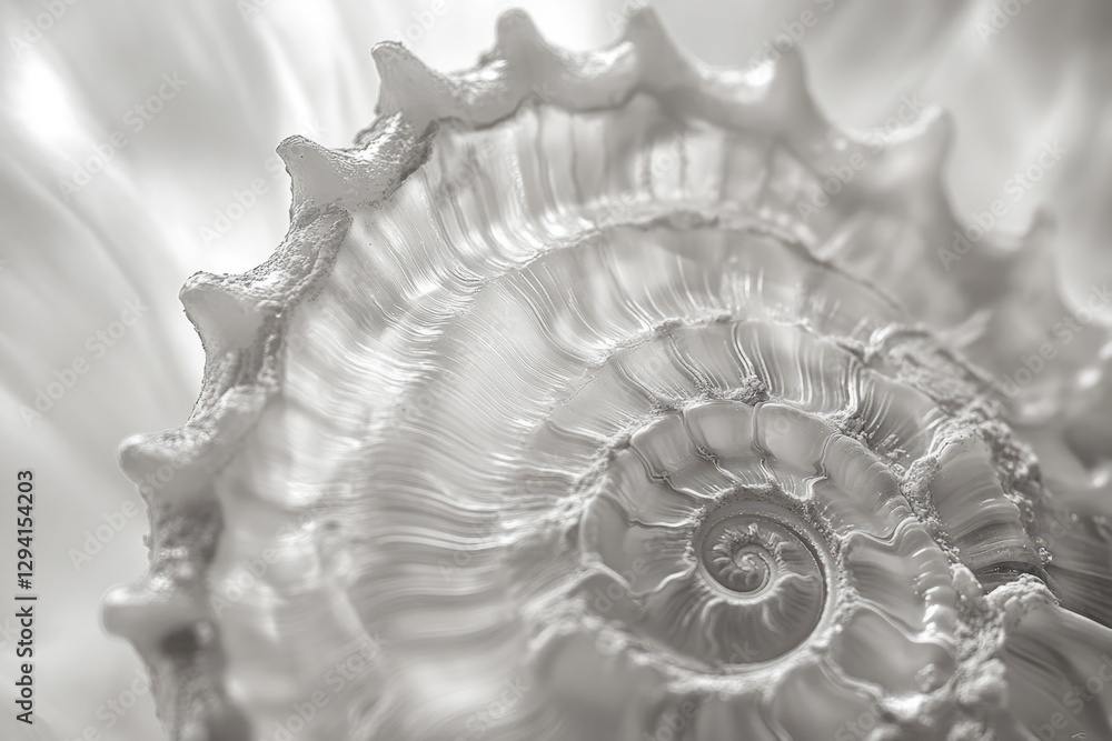 Poster close-up of a spiraling seashell, showcasing intricate textures and delicate details in monochrome.