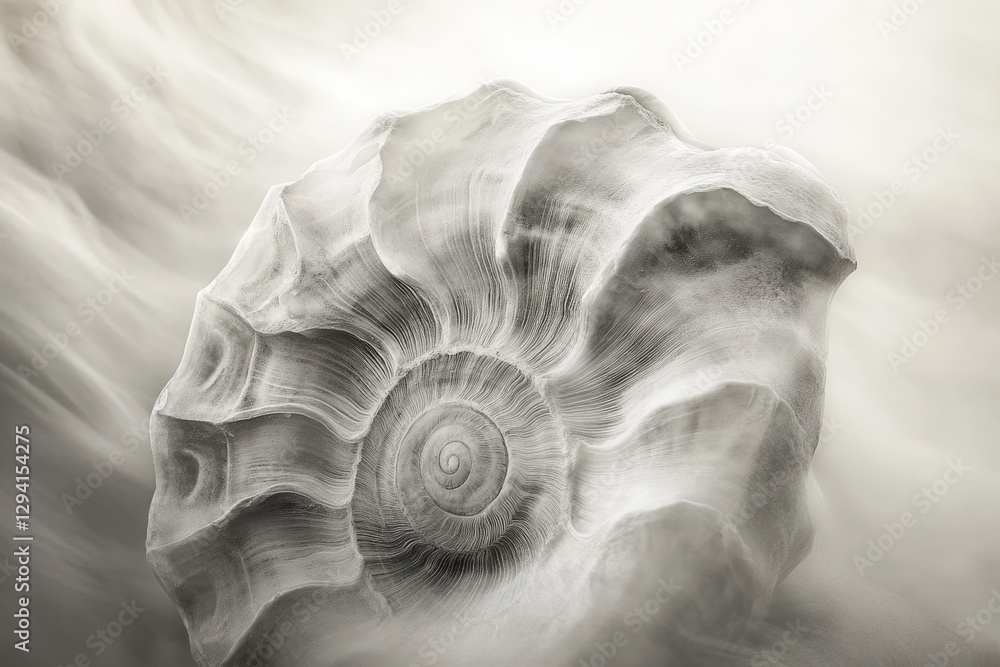 Poster a grayscale close-up of a spiral seashell, exhibiting intricate textures and subtle light.