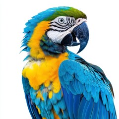 Fototapeta premium Closeup of a Vibrant Blue and Yellow Macaw Parrot Against White Background