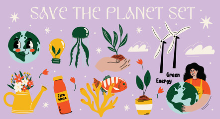 Save the planet vector sticker elements set. World earth, environment day design concept. Collection of ecology, alternative green energy, sustainability, eco objects groovy funky cartoon illustration