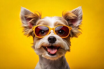 Cute Puppy in Sunglasses on Yellow Background - Summer Pet Fashion Stock Photo