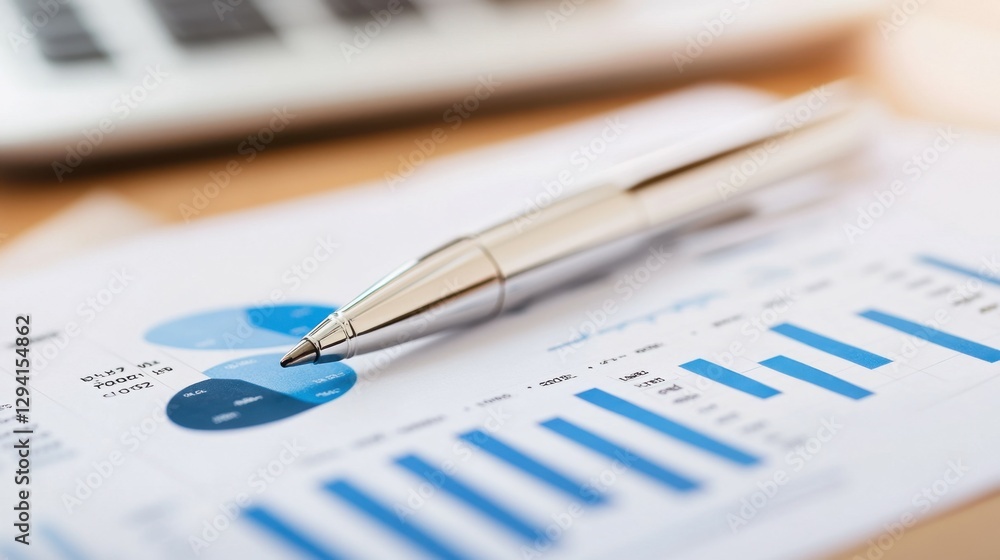 Poster a close-up of a pen resting on a financial report featuring charts and graphs, symbolizing analysis 