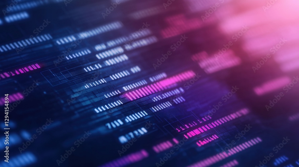 Poster a vibrant digital representation of code and data streams, showcasing a blend of blue and pink hues 