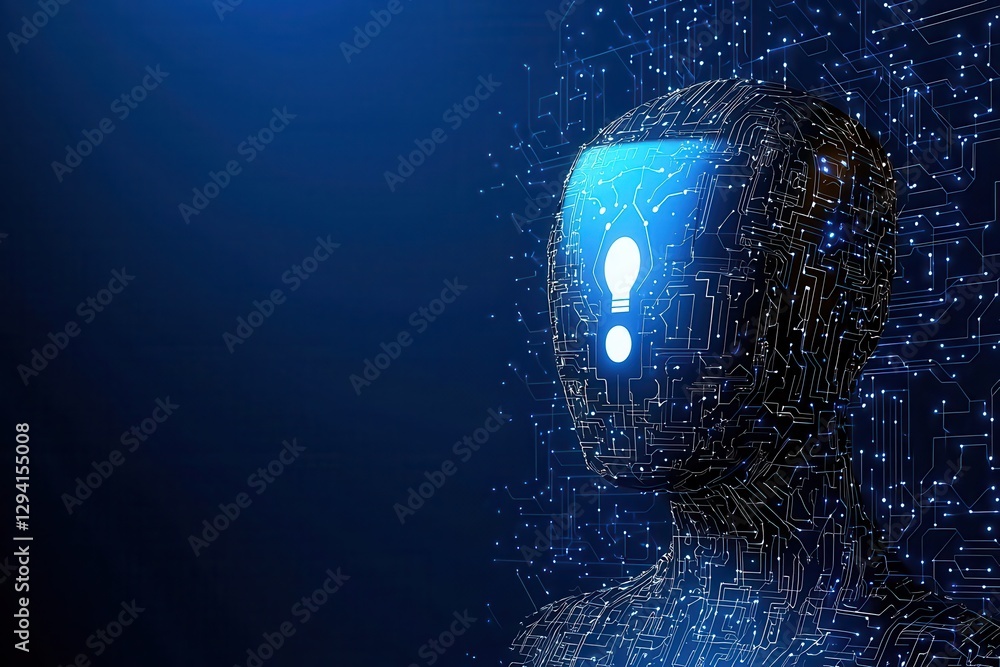 Poster a digital representation of a humanoid figure with a glowing question mark for a head, symbolizing i