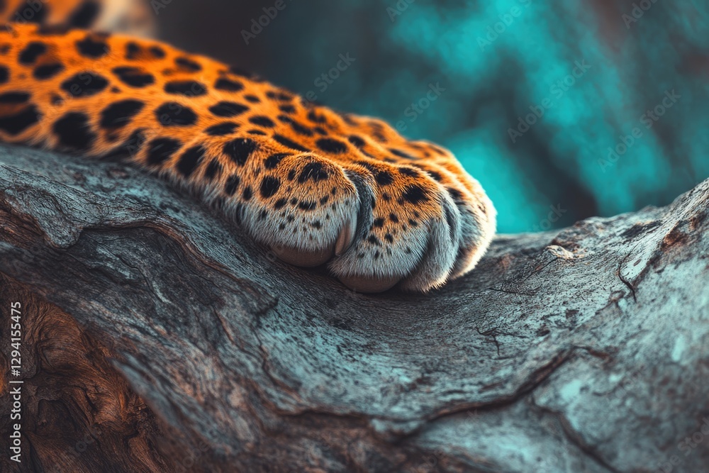 Poster close-up of a leopard's paw resting on a textured, weathered tree trunk.