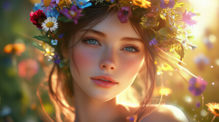 Elegant Woman with Floral Crown in Vibrant Flower Garden, Capturing Natural Beauty and Tranquility in a Sunlit Spring Setting.