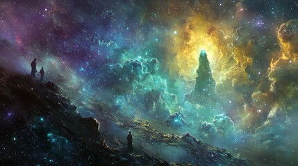 Fototapeta premium Stunning Cosmic Landscape with Colorful Nebulae and Silhouetted Figures Evoking Wonder and Discovery in Outer Space