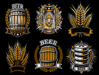 Beer logo collection with wooden barrel, beer keg, wheat, ribbons, geometric elements for beer industry and brewery branding and handcrafted brews. Beer emblem for bar