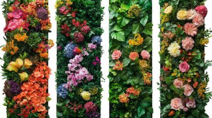 4 panels with different types of flower walls, colorful flowers and green leaves, against a transparent background PNG